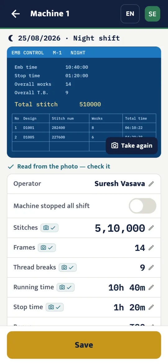 A shift read from a photo of the machine's screen: operator, stitches, frames, thread breaks, running time and stop time